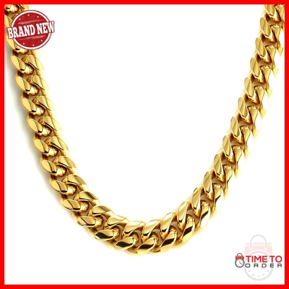14k Gold Plated Cuban Link Chain Necklace 6-16mm Stainless Steel 18-30in